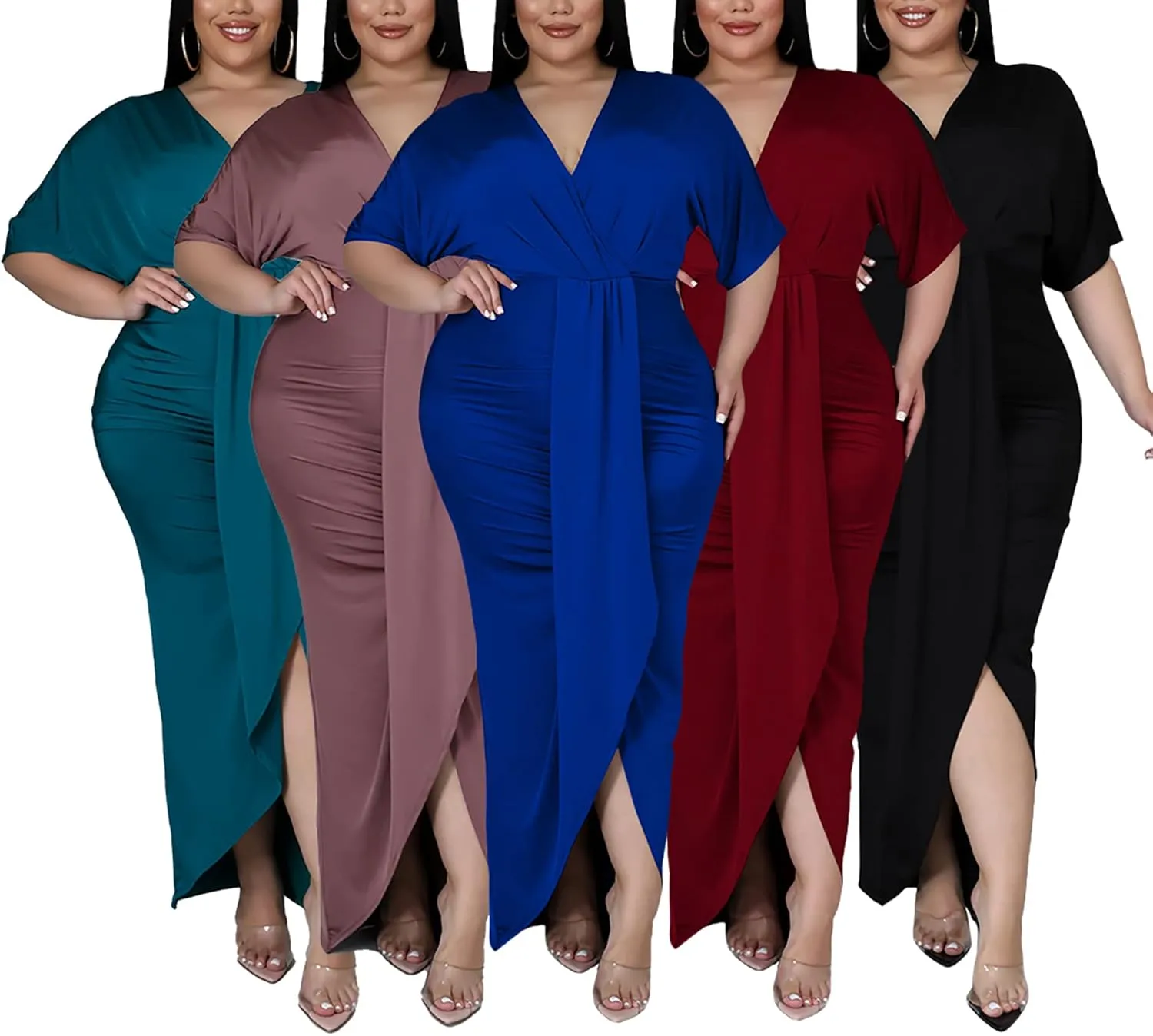 Sexy Plus Size Maxi Dress for Curvy Women V Neck Short Sleeve Wedding Guest Dress Party Dress