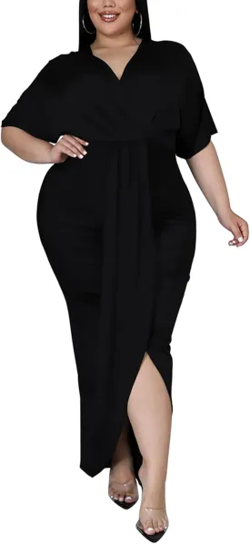 Sexy Plus Size Maxi Dress for Curvy Women V Neck Short Sleeve Wedding Guest Dress Party Dress