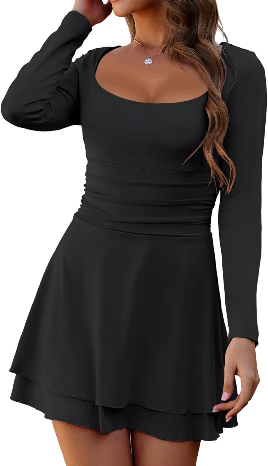 Short Dress for Women Long Sleeve Ruched Waist Square Neck Mini Corset Party Dresses