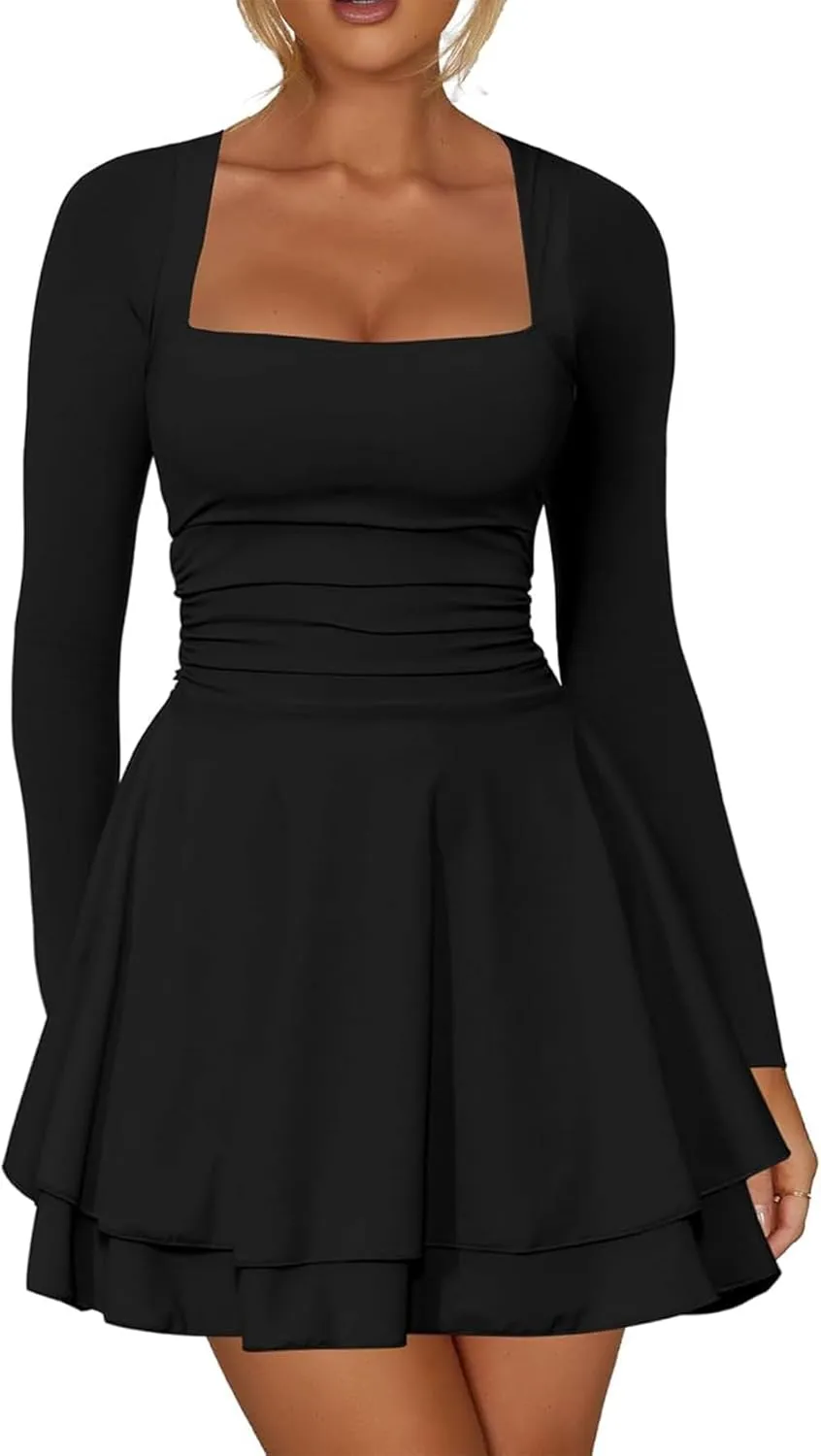 Short Dress for Women Long Sleeve Ruched Waist Square Neck Mini Corset Party Dresses