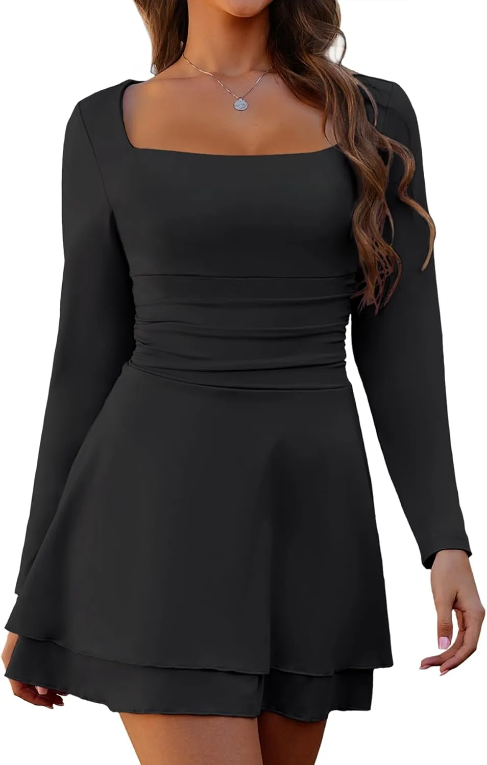 Short Dress for Women Long Sleeve Ruched Waist Square Neck Mini Corset Party Dresses