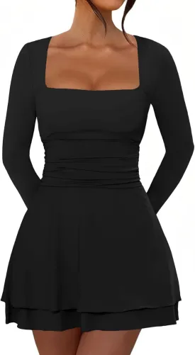 Short Dress for Women Long Sleeve Ruched Waist Square Neck Mini Corset Party Dresses