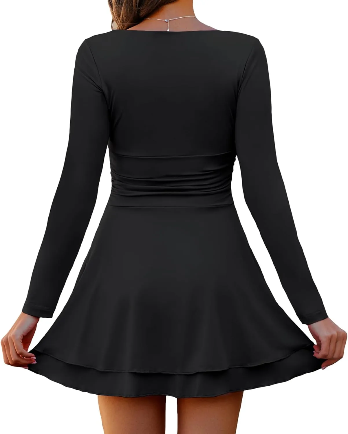 Short Dress for Women Long Sleeve Ruched Waist Square Neck Mini Corset Party Dresses