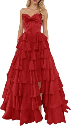 Strapless Corset Tulle Prom Dresses for Teens 2025 Long Tiered Ruffle Chiffon Swing Formal Evening Gown with Slit