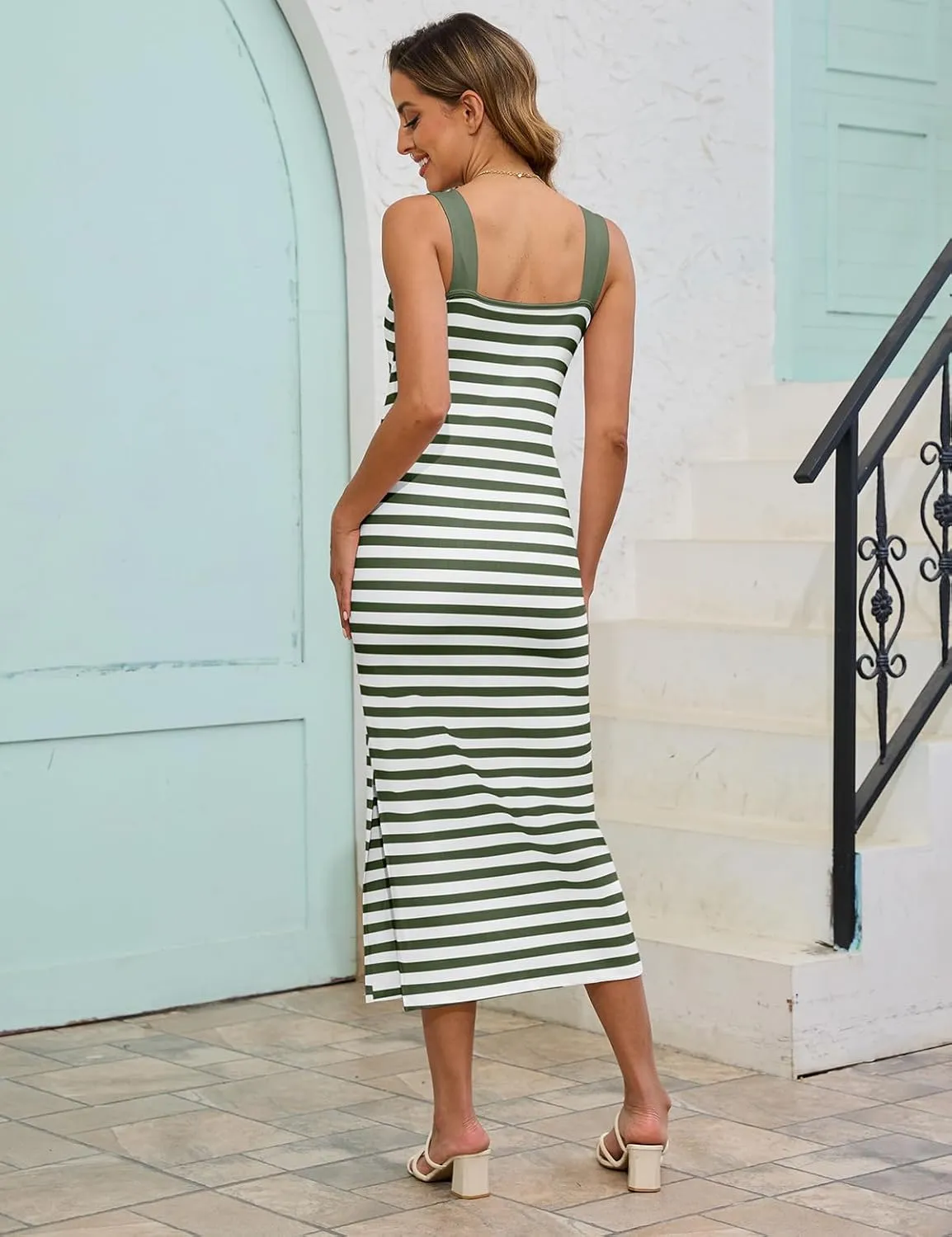 Striped Maternity Summer Dress - Sleeveless Square Neck Tank with Side Slit, Baby Shower & Casual Pregnancy Outfit
