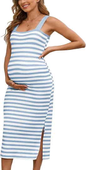 Striped Maternity Summer Dress - Sleeveless Square Neck Tank with Side Slit, Baby Shower & Casual Pregnancy Outfit