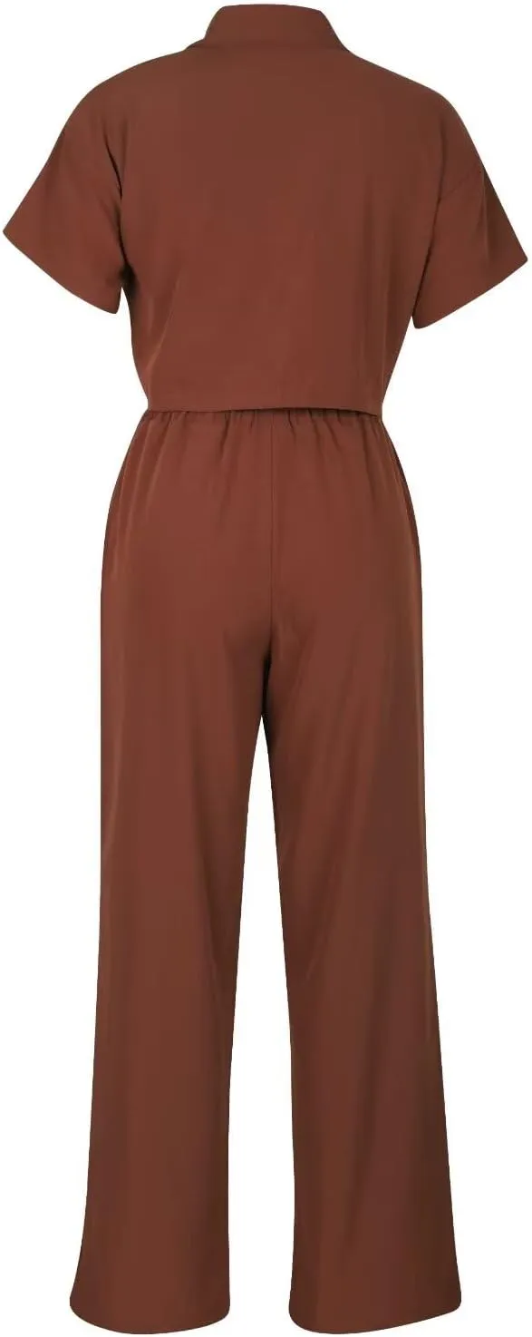 ThusFar Women Linen 2 Piece Outfits Short Sleeve Button Down Crop Top Drawstring Long Pants Suit Summer Work Lounge Set