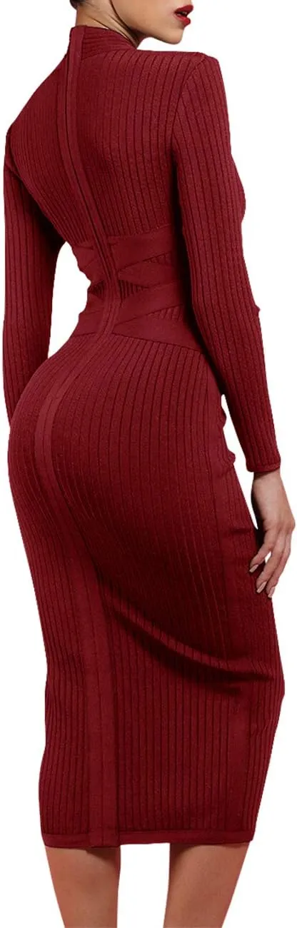 UONBOX Women's Long Sleeves Cross Strap Ribbed Club Party Midi Bodycon Bandage Dress