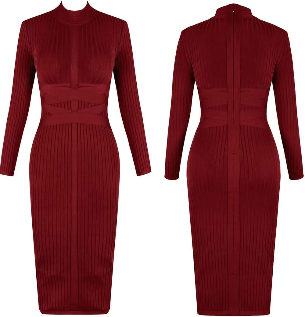 UONBOX Women's Long Sleeves Cross Strap Ribbed Club Party Midi Bodycon Bandage Dress