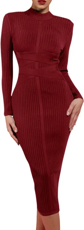UONBOX Women's Long Sleeves Cross Strap Ribbed Club Party Midi Bodycon Bandage Dress