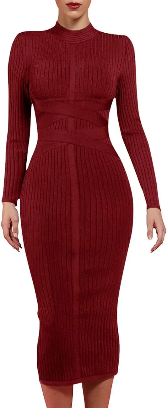 UONBOX Women's Long Sleeves Cross Strap Ribbed Club Party Midi Bodycon Bandage Dress