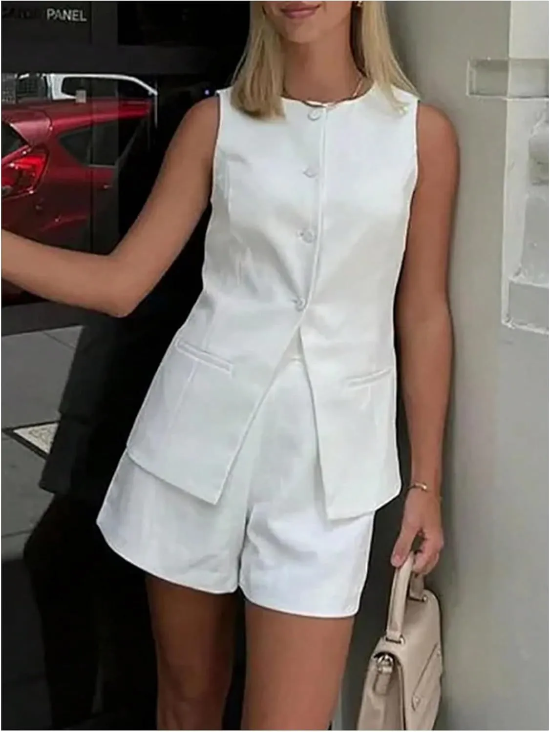 WDIRARA Women's 2 Piece Set Sleeveless Button Down Blazer Vest Shorts Set Business Work Outfits