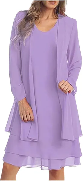 Wedding Guests Dresses Women Fashion Mother of The Bride Dress Elegant Layered Gown Chiffon Cardigan Two Piece Outfit