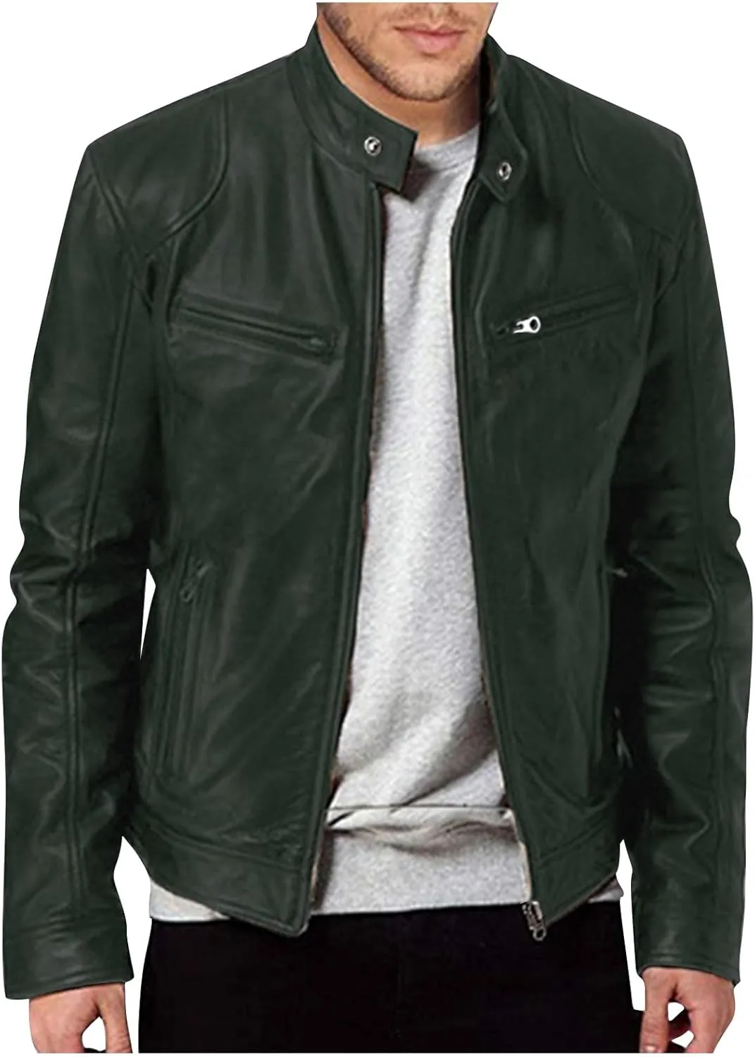 WENKOMG1 Men Faux Leather Jacket, Fall/Winter Thickening Coat Long Sleeve Zip Up Outwear Sports Basic Parka with Pocket