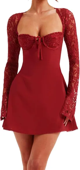 Women Lace Dress Elegant Long Sleeve Lace Patchwork Low Cut Mini Dress Backless Tie up Going Out Dress