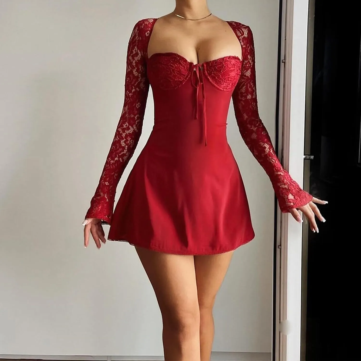 Women Lace Dress Elegant Long Sleeve Lace Patchwork Low Cut Mini Dress Backless Tie up Going Out Dress