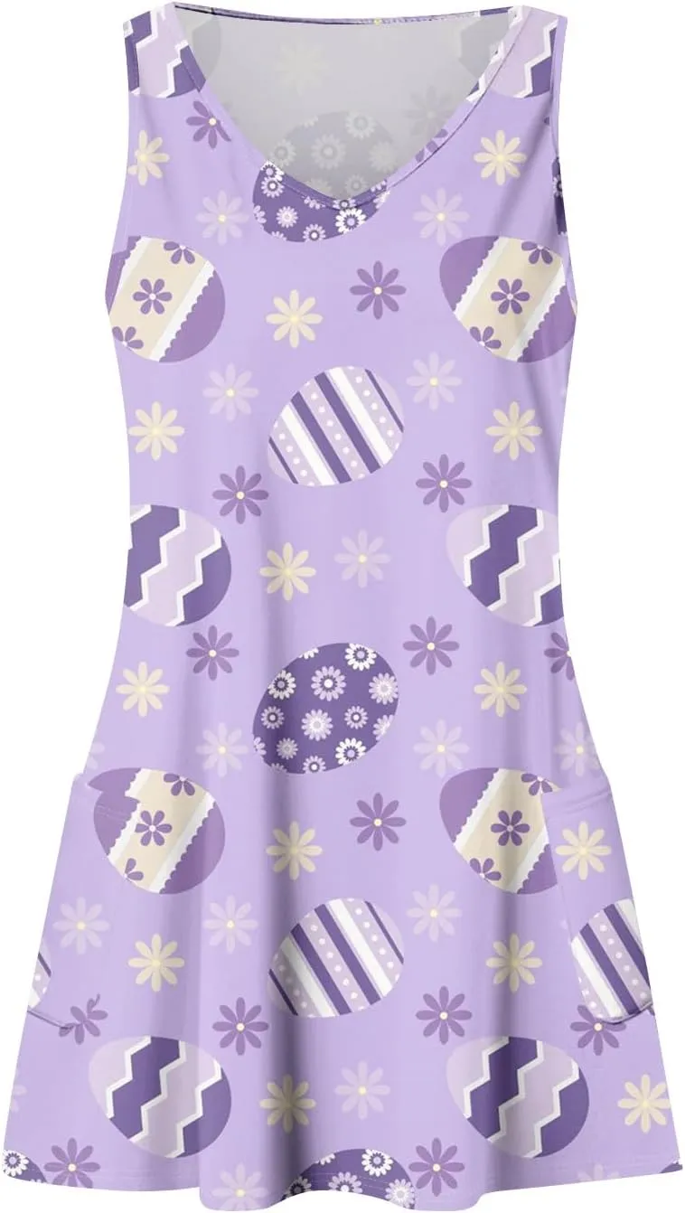 Women Summer Dresses 2025 Beach Swimsuit Coverup Printed V Neck Dress with Pocket Vacation Sleeveless Sundress