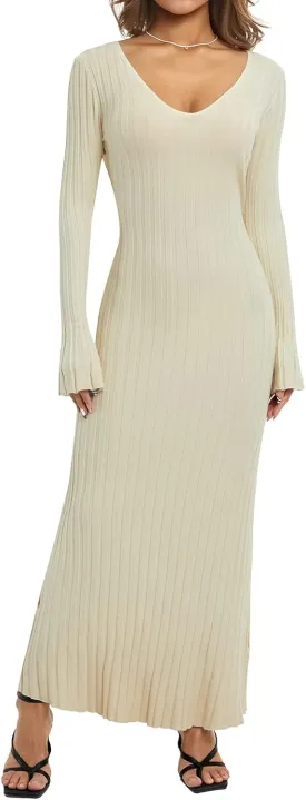 Women Sweater Dress Ribbed Long Sleeve Crewneck Knit Slim Fit Bodycon Dress Fall Maxi Long Dress