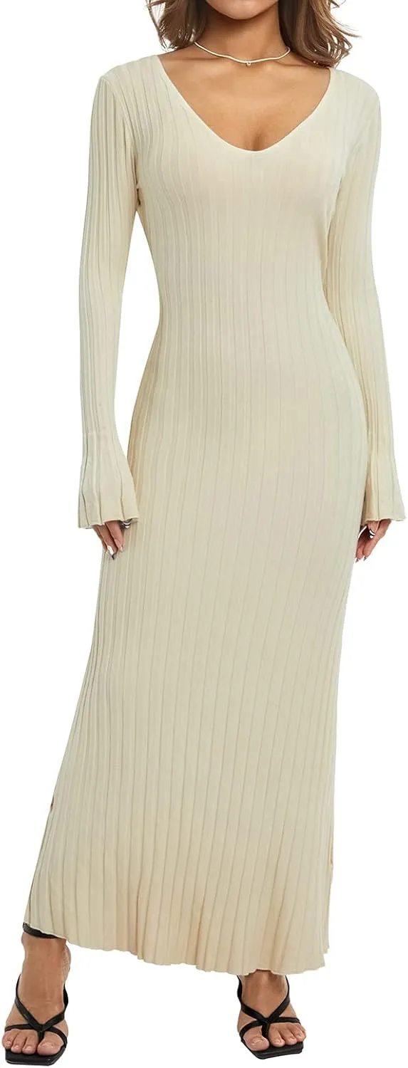 Women Sweater Dress Ribbed Long Sleeve Crewneck Knit Slim Fit Bodycon Dress Fall Maxi Long Dress