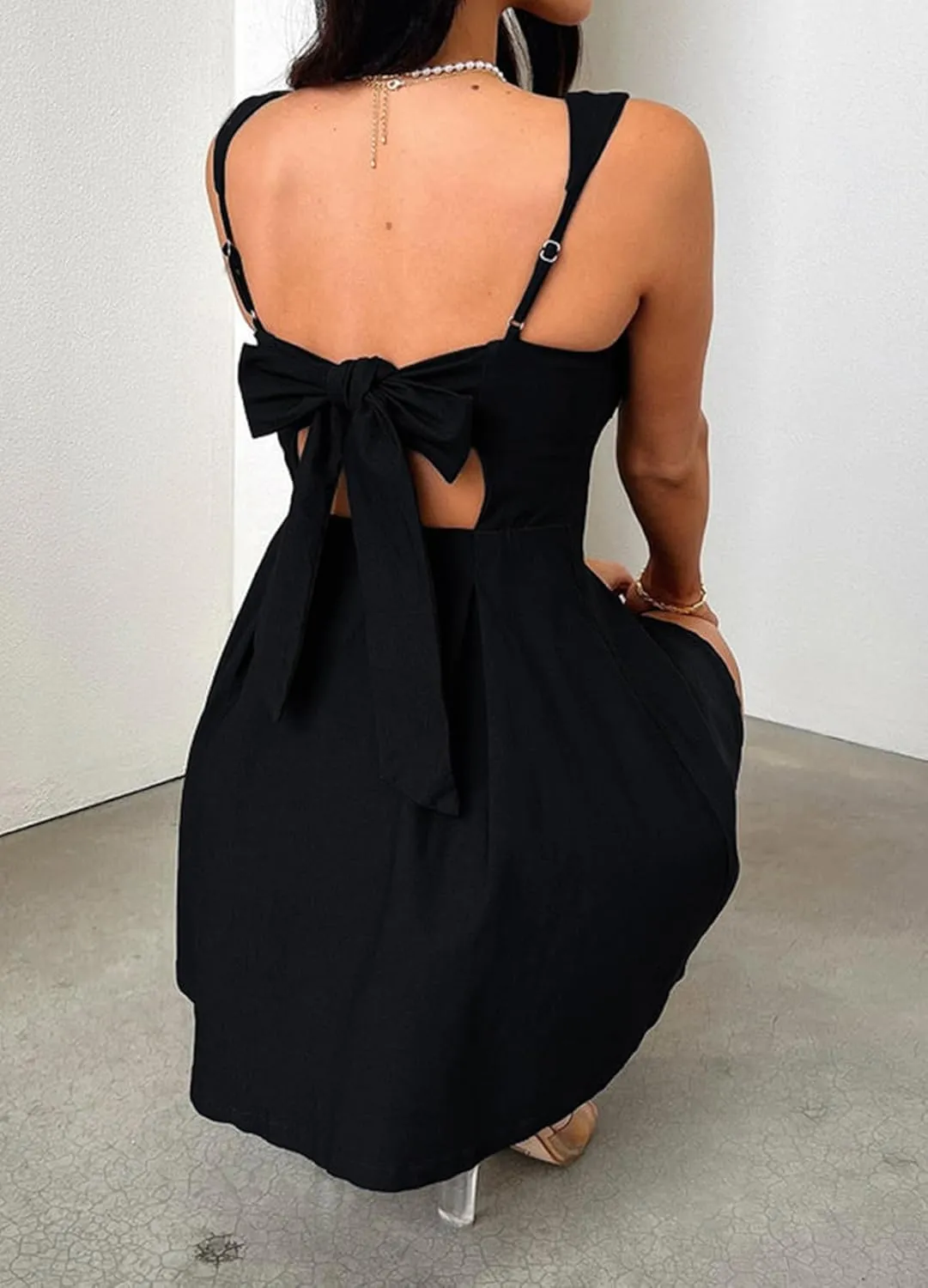 Womens 2025 Mini Sleeveless Dress Backless Bow Tie Square Neck Short Party Dress