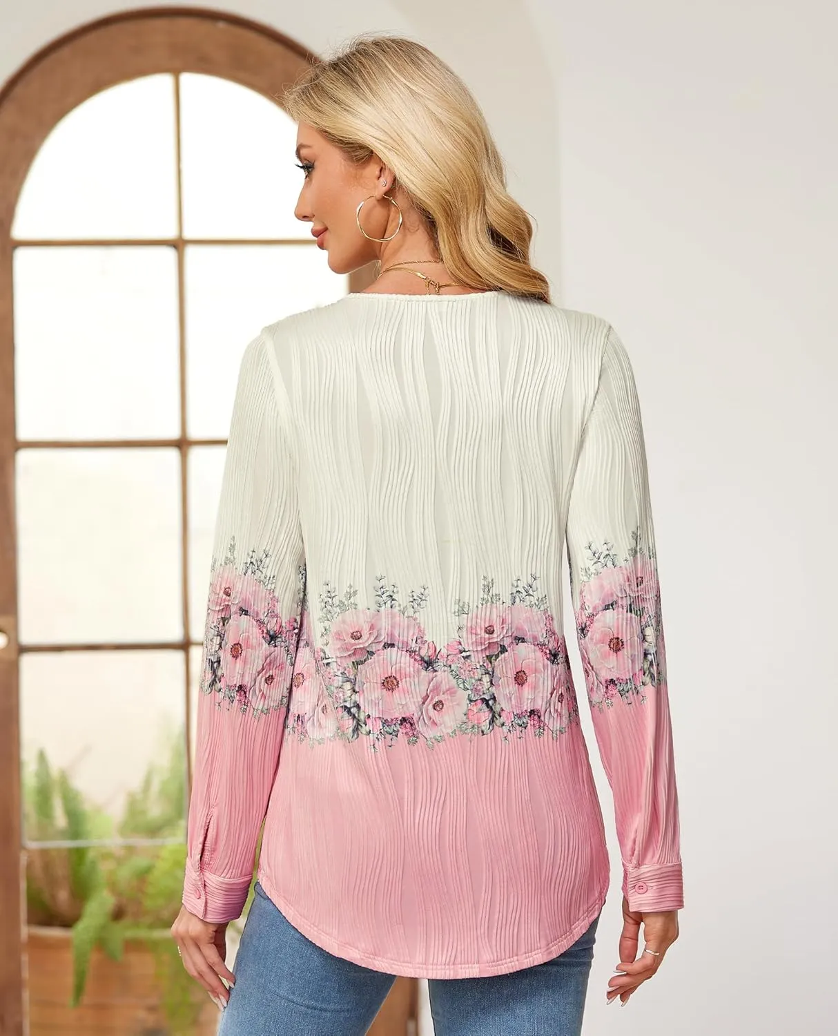 Womens 3 4 Sleeve Blouse Long Sleeve Business Casual Tunic Tops V Neck Work Tops Textured Dressy Casual Shirts