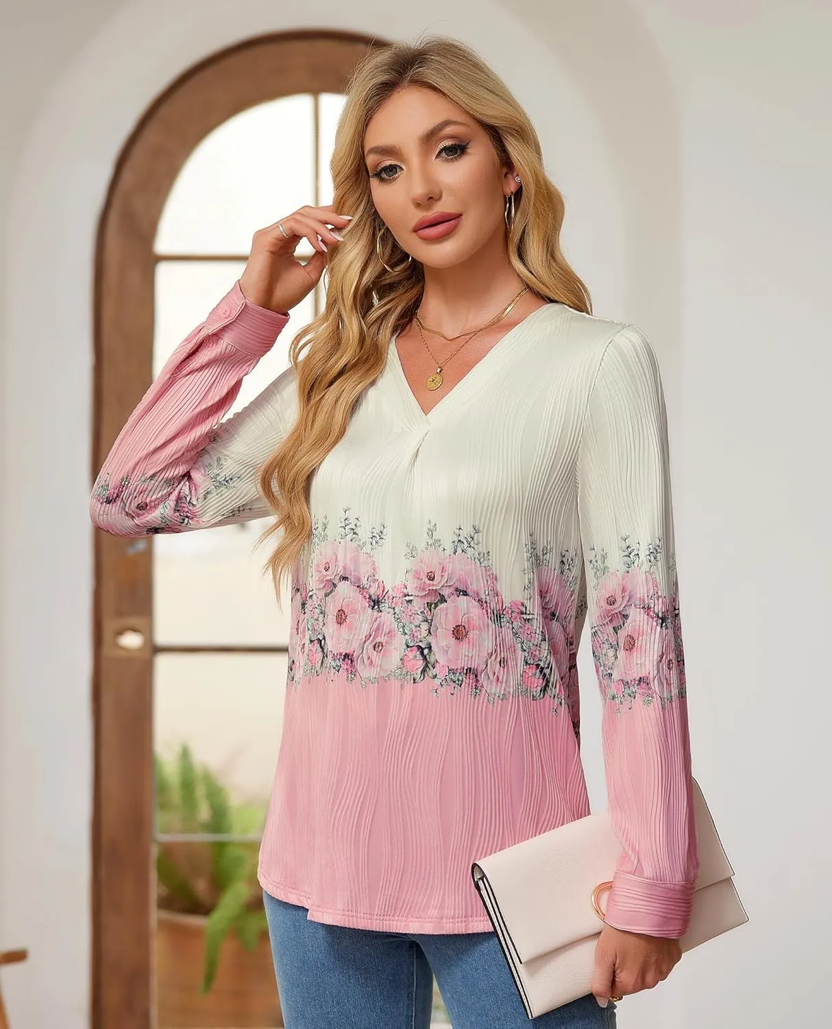 Womens 3 4 Sleeve Blouse Long Sleeve Business Casual Tunic Tops V Neck Work Tops Textured Dressy Casual Shirts