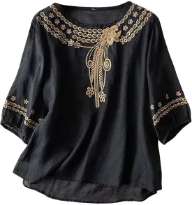 Women's Casual Solid Color Embroidered Cotton and Linen Tops Shirts T Shirts Long Sleeve Blouse Summer Short Sleeve
