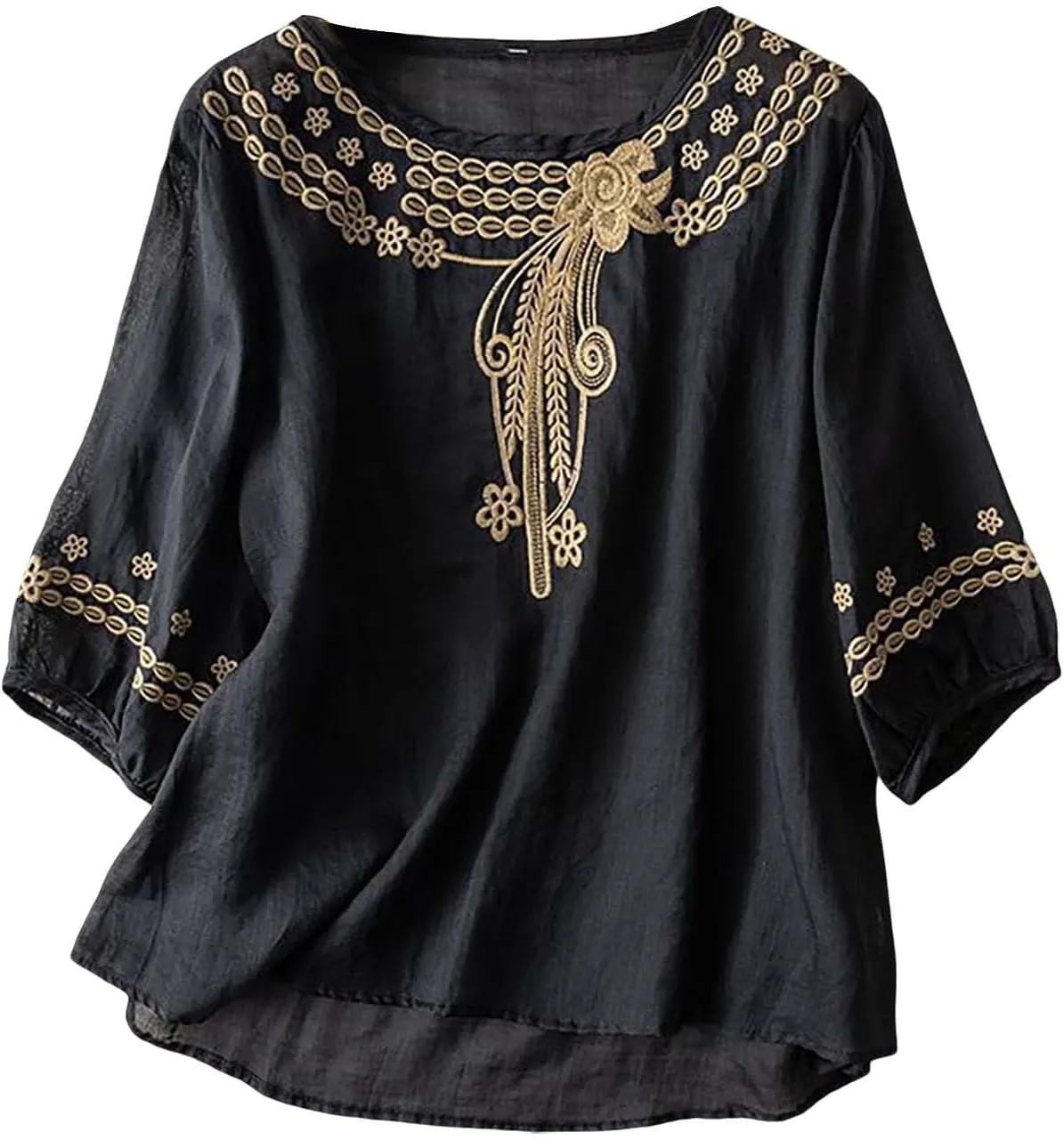 Women's Casual Solid Color Embroidered Cotton and Linen Tops Shirts T Shirts Long Sleeve Blouse Summer Short Sleeve