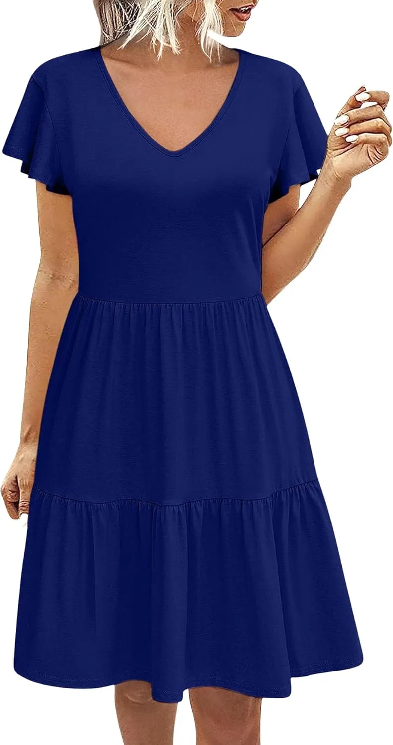 Women's Casual Tiered Dress with Pockets V Neck Ruffle Cap Sleeve Trendy Swing Mini Dress A-Line Dresses
