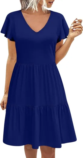 Women's Casual Tiered Dress with Pockets V Neck Ruffle Cap Sleeve Trendy Swing Mini Dress A-Line Dresses