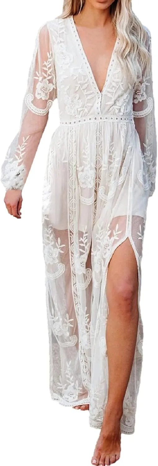 Womens Deep V Neck Short Sleeve Floral Lace Dress Long Bridesmaid Maxi Dresses