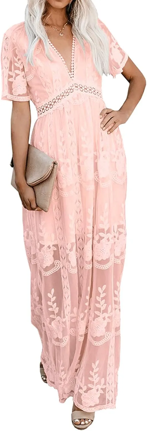 Womens Deep V Neck Short Sleeve Floral Lace Dress Long Bridesmaid Maxi Dresses