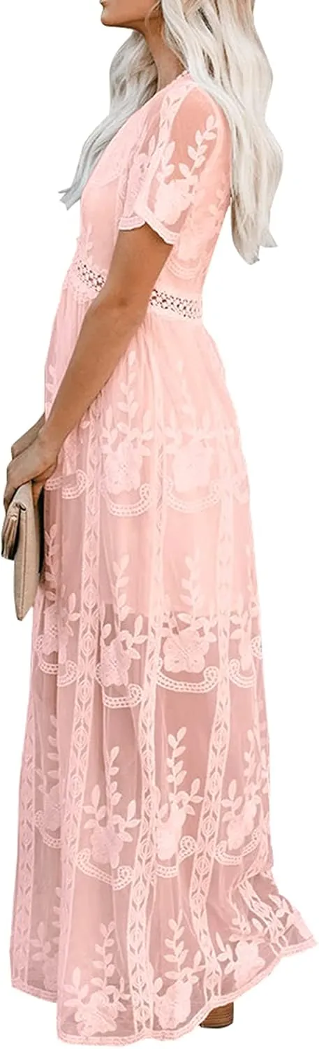 Womens Deep V Neck Short Sleeve Floral Lace Dress Long Bridesmaid Maxi Dresses