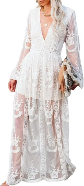 Womens Deep V Neck Short Sleeve Floral Lace Dress Long Bridesmaid Maxi Dresses