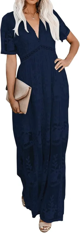 Womens Deep V Neck Short Sleeve Floral Lace Dress Long Bridesmaid Maxi Dresses