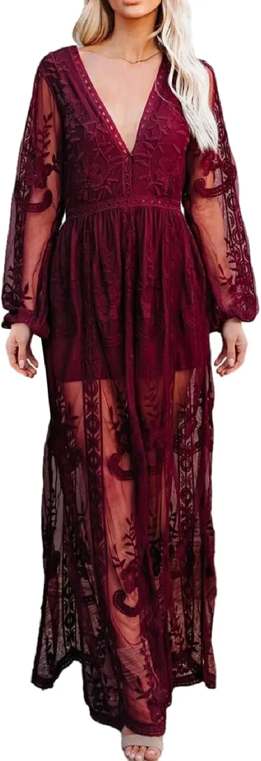 Womens Deep V Neck Short Sleeve Floral Lace Dress Long Bridesmaid Maxi Dresses
