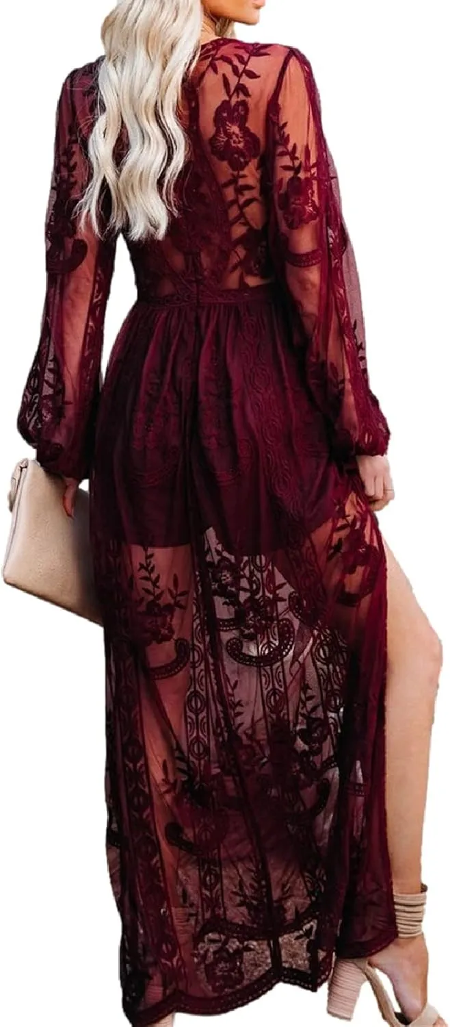Womens Deep V Neck Short Sleeve Floral Lace Dress Long Bridesmaid Maxi Dresses