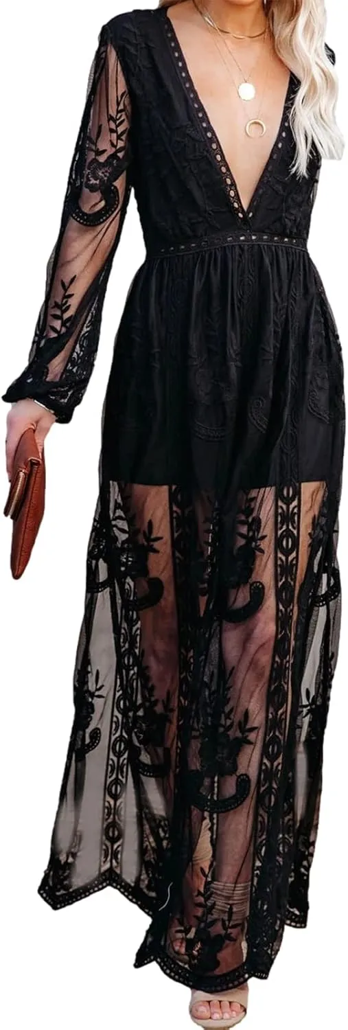 Womens Deep V Neck Short Sleeve Floral Lace Dress Long Bridesmaid Maxi Dresses