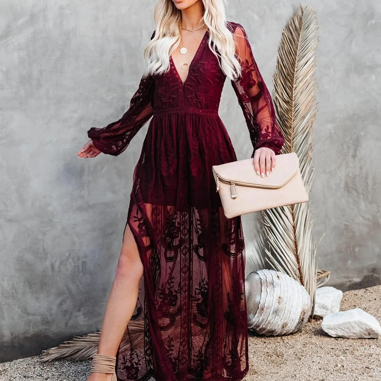 Womens Deep V Neck Short Sleeve Floral Lace Dress Long Bridesmaid Maxi Dresses