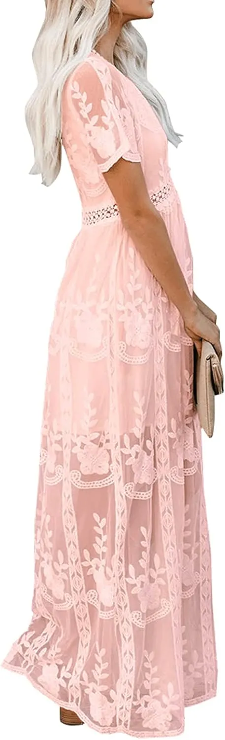 Womens Deep V Neck Short Sleeve Floral Lace Dress Long Bridesmaid Maxi Dresses
