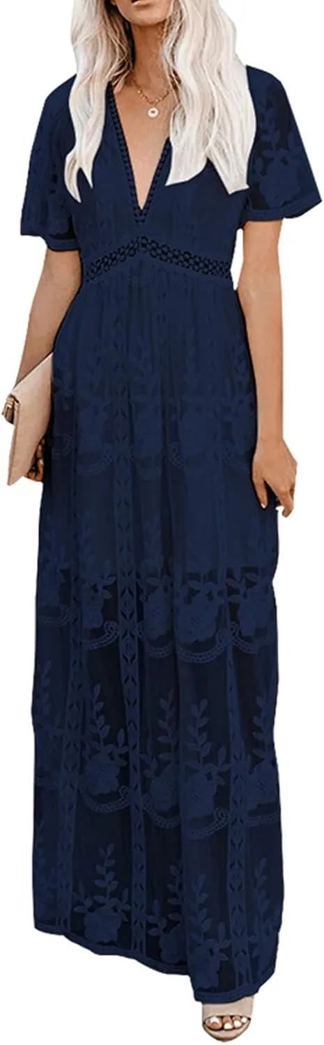 Womens Deep V Neck Short Sleeve Floral Lace Dress Long Bridesmaid Maxi Dresses