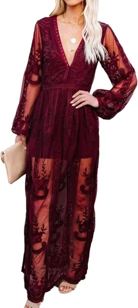 Womens Deep V Neck Short Sleeve Floral Lace Dress Long Bridesmaid Maxi Dresses