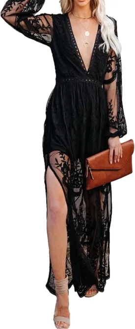 Womens Deep V Neck Short Sleeve Floral Lace Dress Long Bridesmaid Maxi Dresses