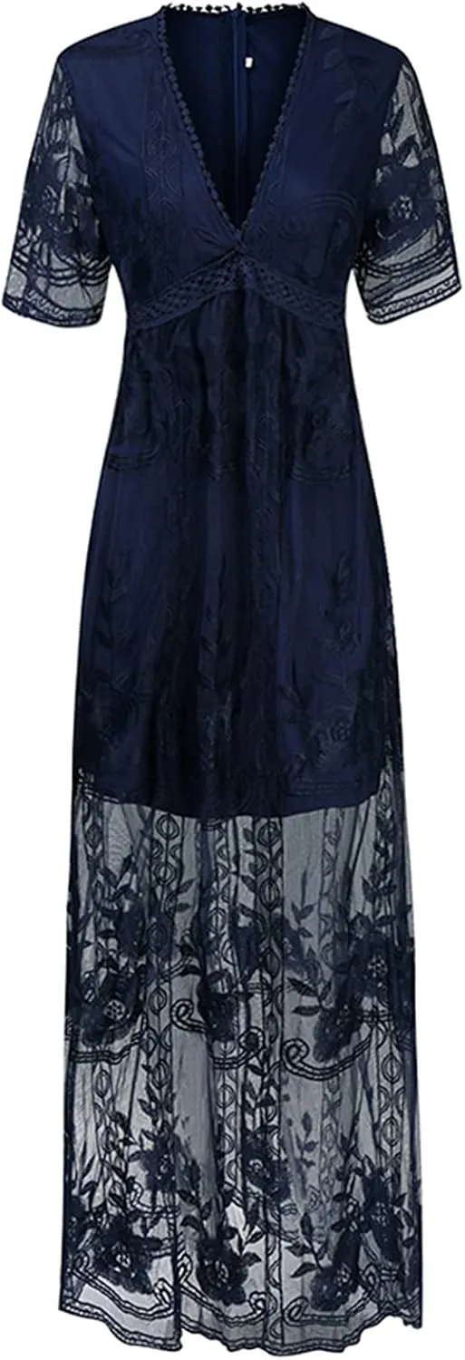 Womens Deep V Neck Short Sleeve Floral Lace Dress Long Bridesmaid Maxi Dresses