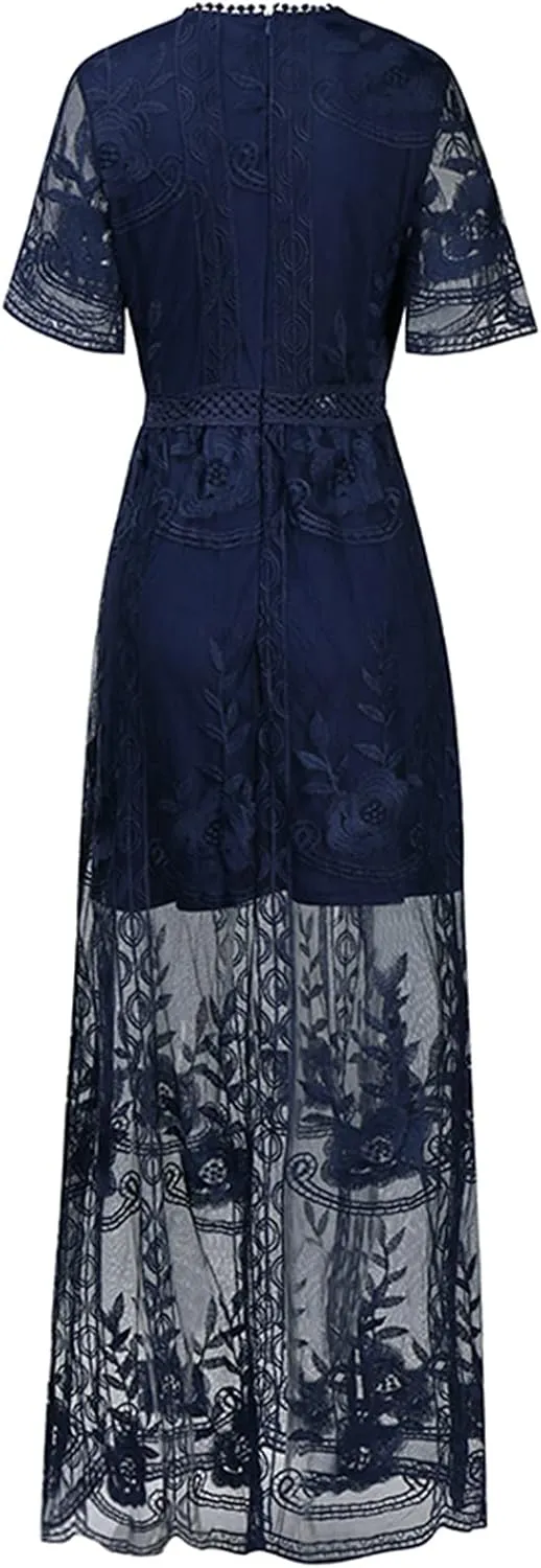 Womens Deep V Neck Short Sleeve Floral Lace Dress Long Bridesmaid Maxi Dresses