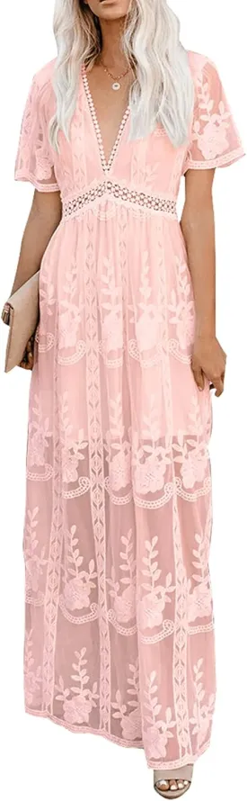 Womens Deep V Neck Short Sleeve Floral Lace Dress Long Bridesmaid Maxi Dresses