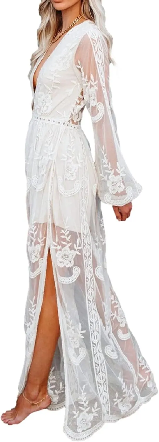 Womens Deep V Neck Short Sleeve Floral Lace Dress Long Bridesmaid Maxi Dresses