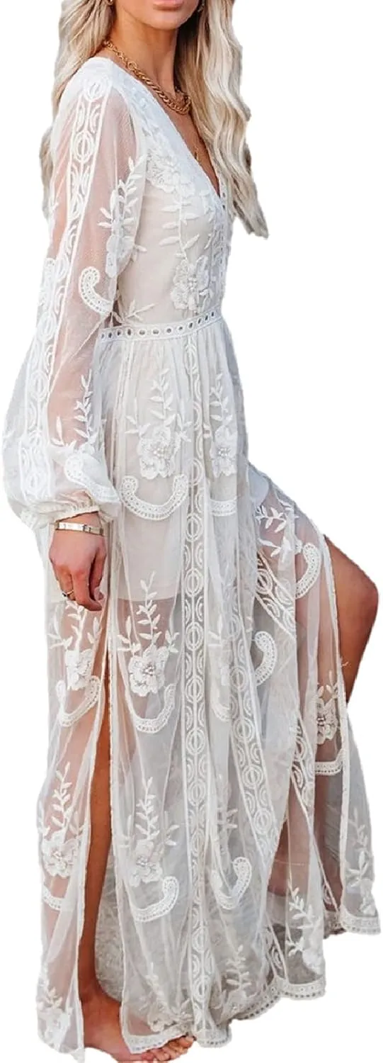 Womens Deep V Neck Short Sleeve Floral Lace Dress Long Bridesmaid Maxi Dresses