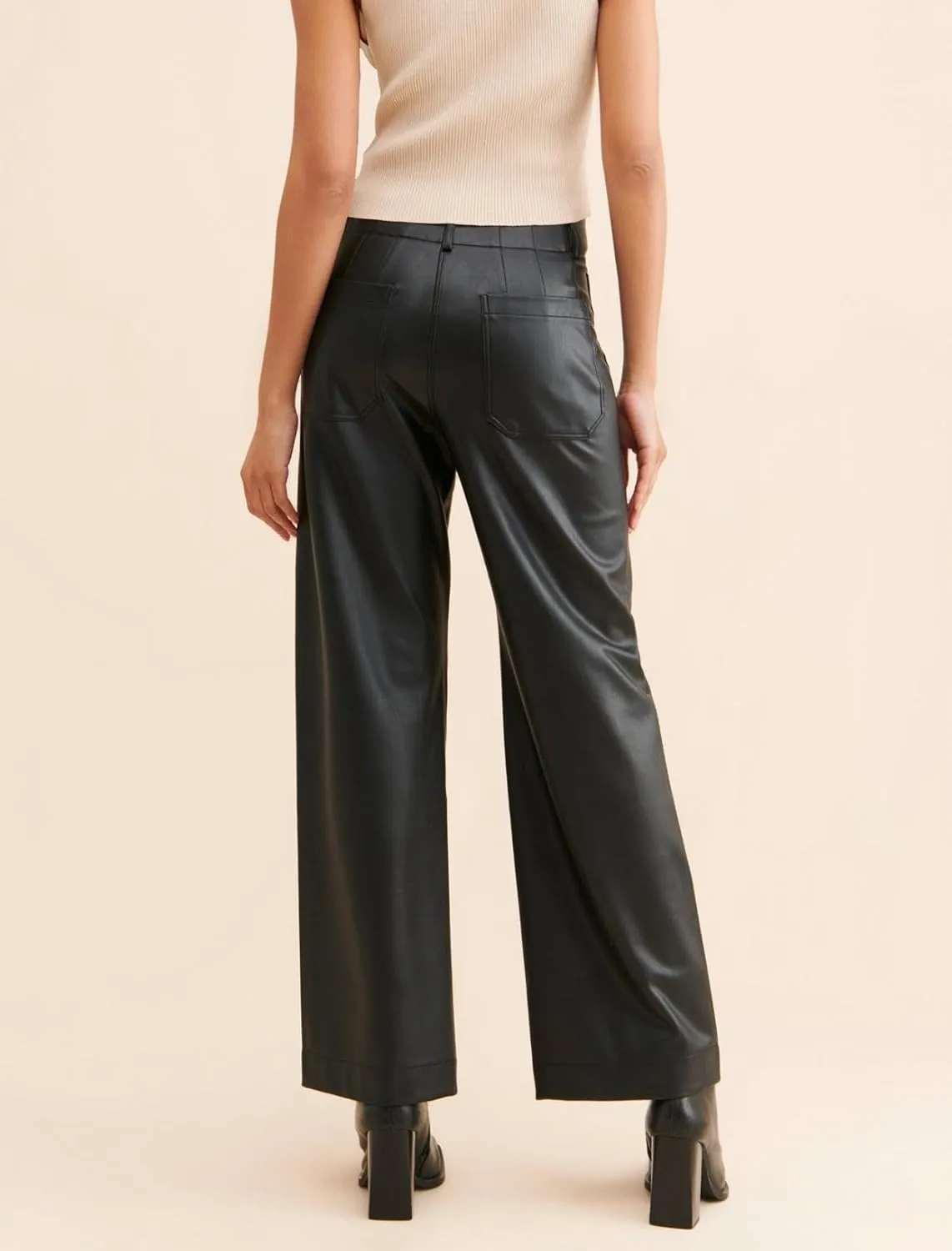 Women's Faux Leather Pants High Waisted Wide Straight Leg Pants PU Trousers with Pockets