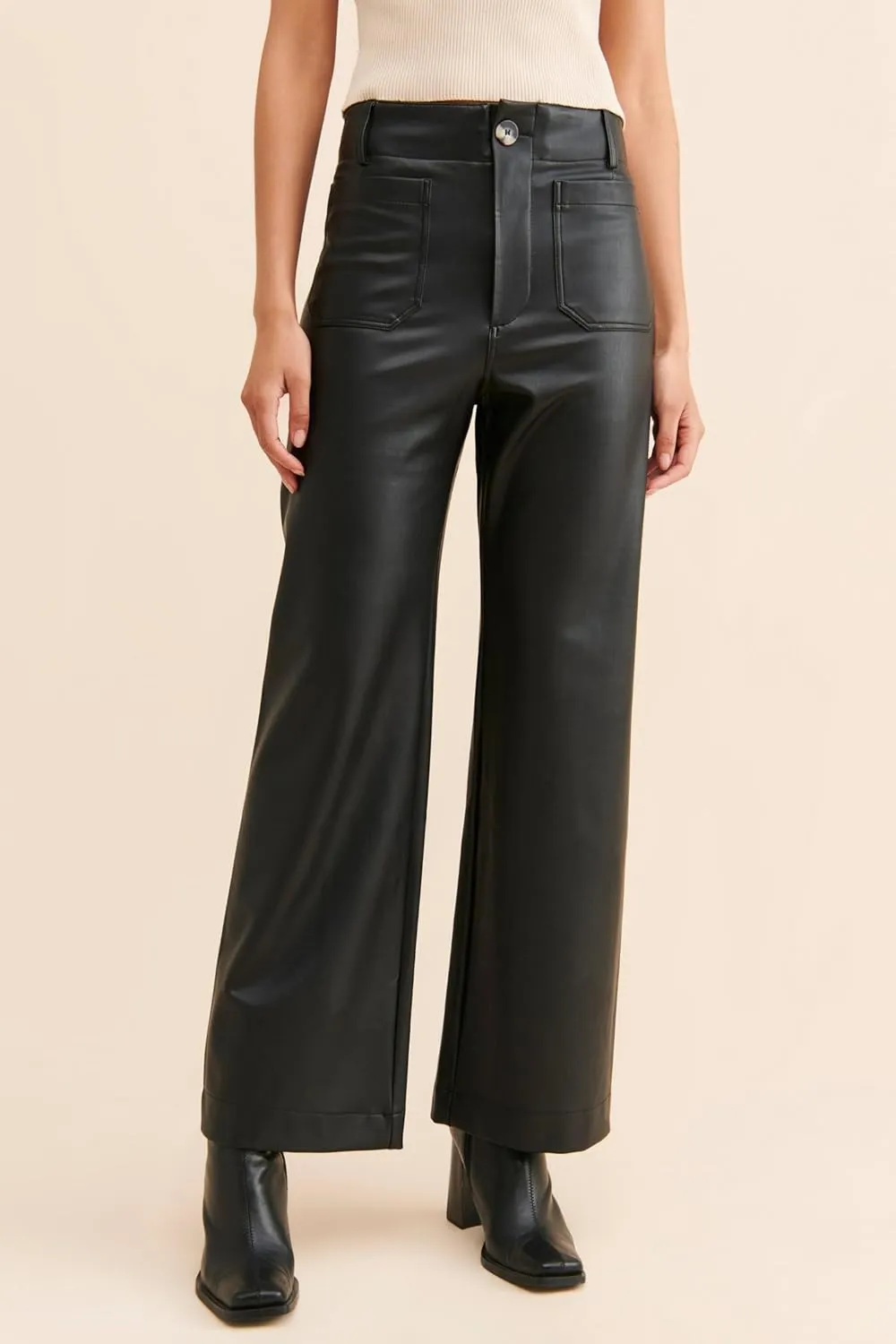 Women's Faux Leather Pants High Waisted Wide Straight Leg Pants PU Trousers with Pockets